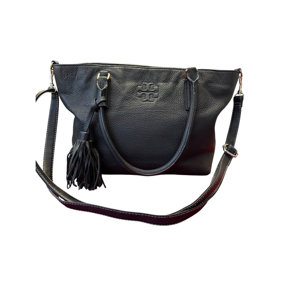 Tory Burch Thea Small Convertible Tote Black Pebbled Leather Crossbody Tassel